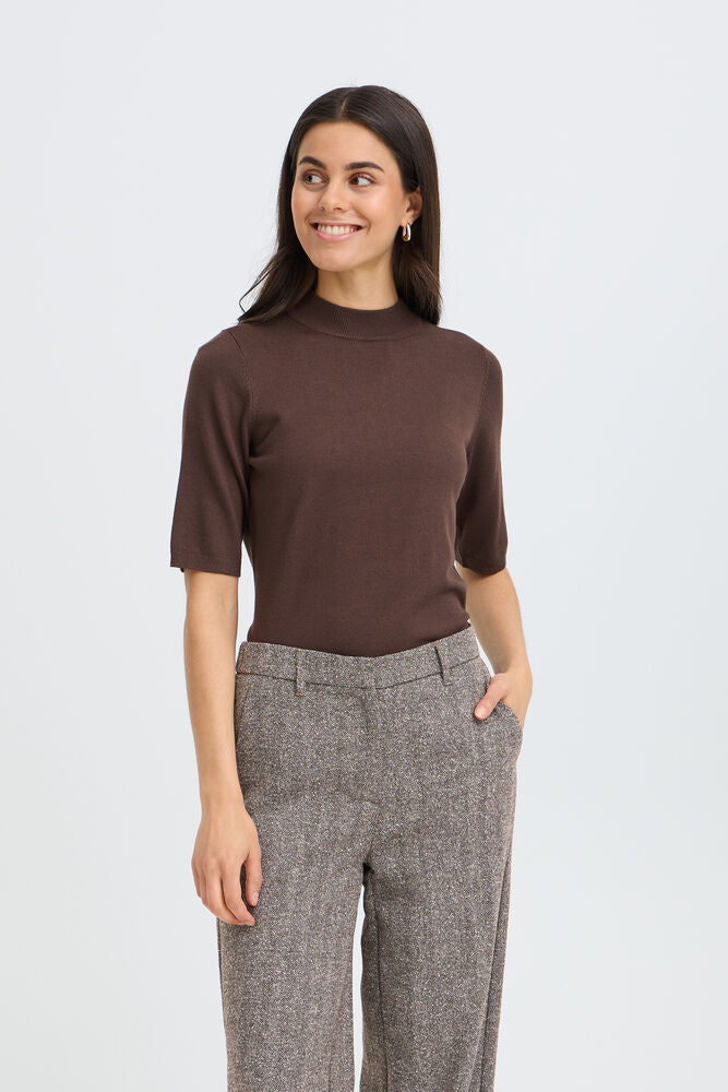 Fransa Wool Blend Wide Leg Trousers in Brown Herringbone fabric 20618247