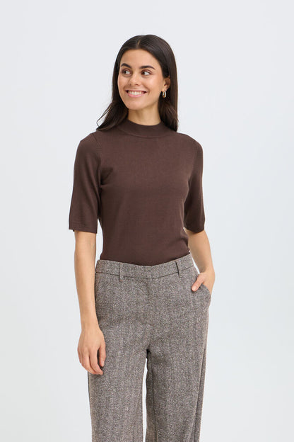 Fransa Wool Blend Wide Leg Trousers in Brown Herringbone fabric 20618247