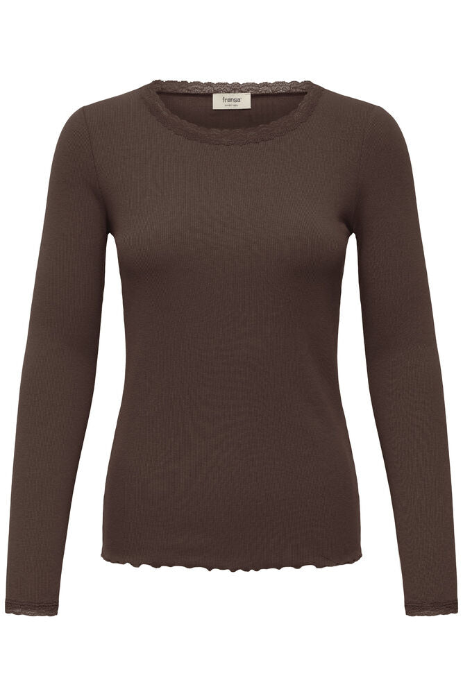 Fransa Ribbed long Sleeve Lace Edge top in Java Brown 20617415