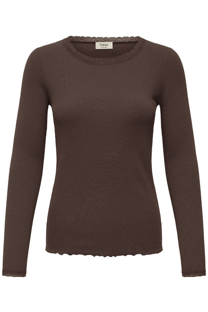 Fransa Ribbed long Sleeve Lace Edge top in Java Brown 20617415