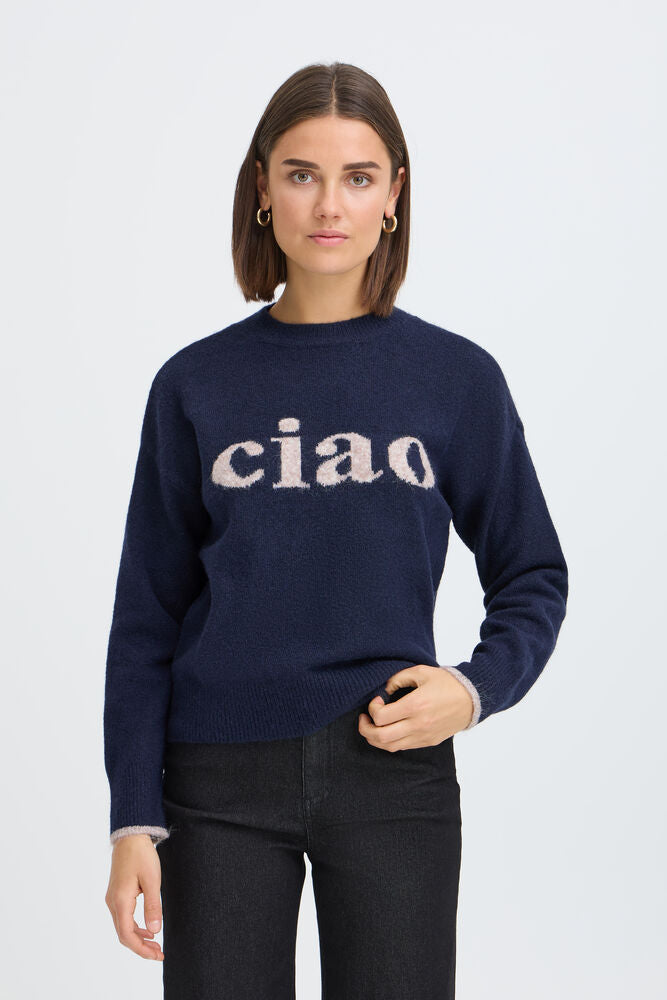 Fransa Florence Ciao Jumper in Navy  with contrast cuff trim 20618303