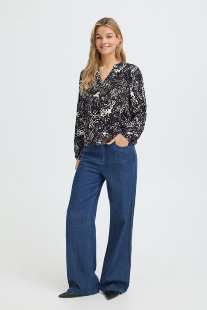 Fransa Split neck long sleeve blouse 20618003