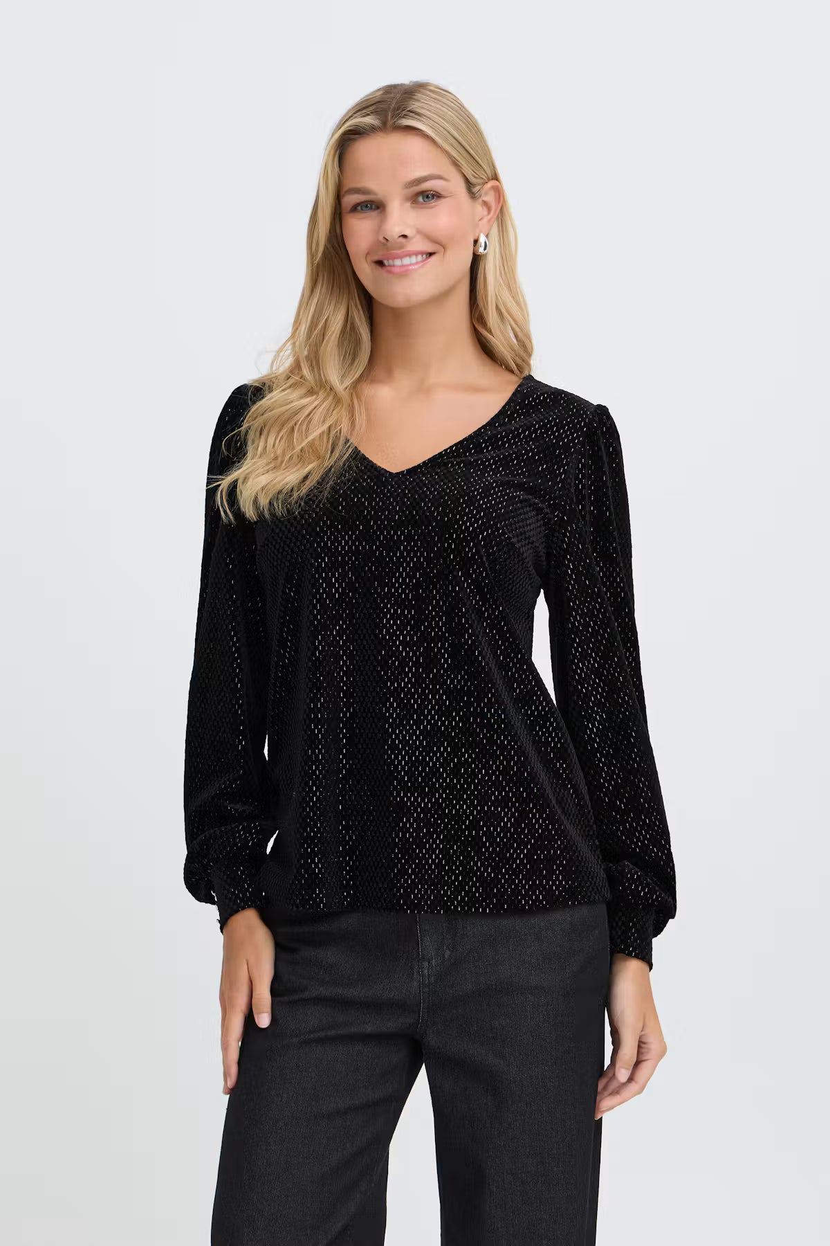 Fransa Koa Velvet V-Neck Top with Subtle Shimmer