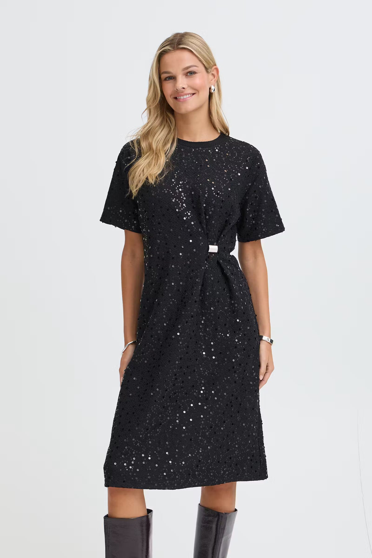 Fransa Zolana Black Sequin Dress with Ruched Detail