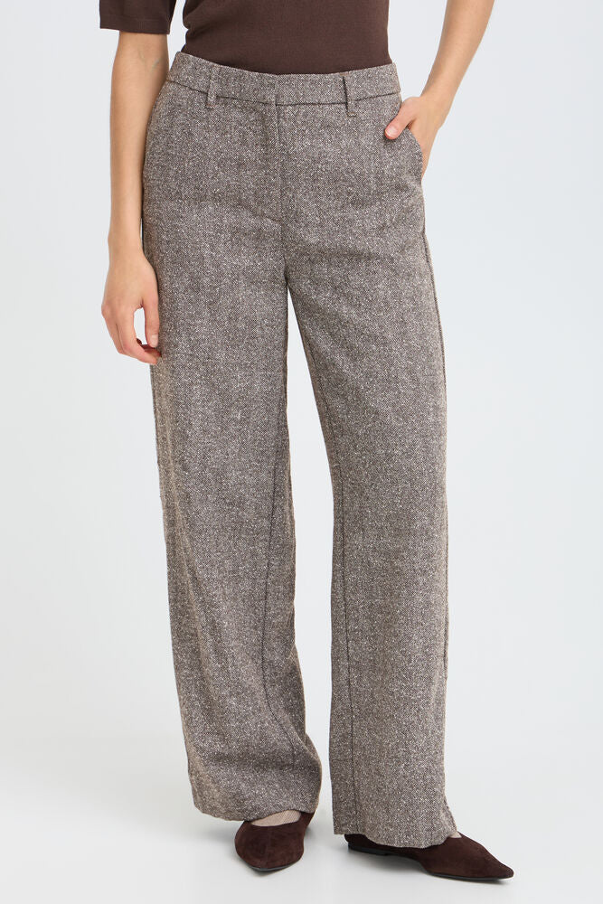 Fransa Wool Blend Wide Leg Trousers in Brown Herringbone fabric 20618247