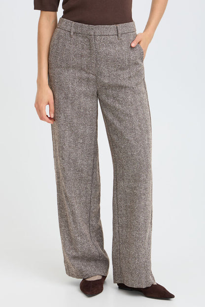 Fransa Wool Blend Wide Leg Trousers in Brown Herringbone fabric 20618247
