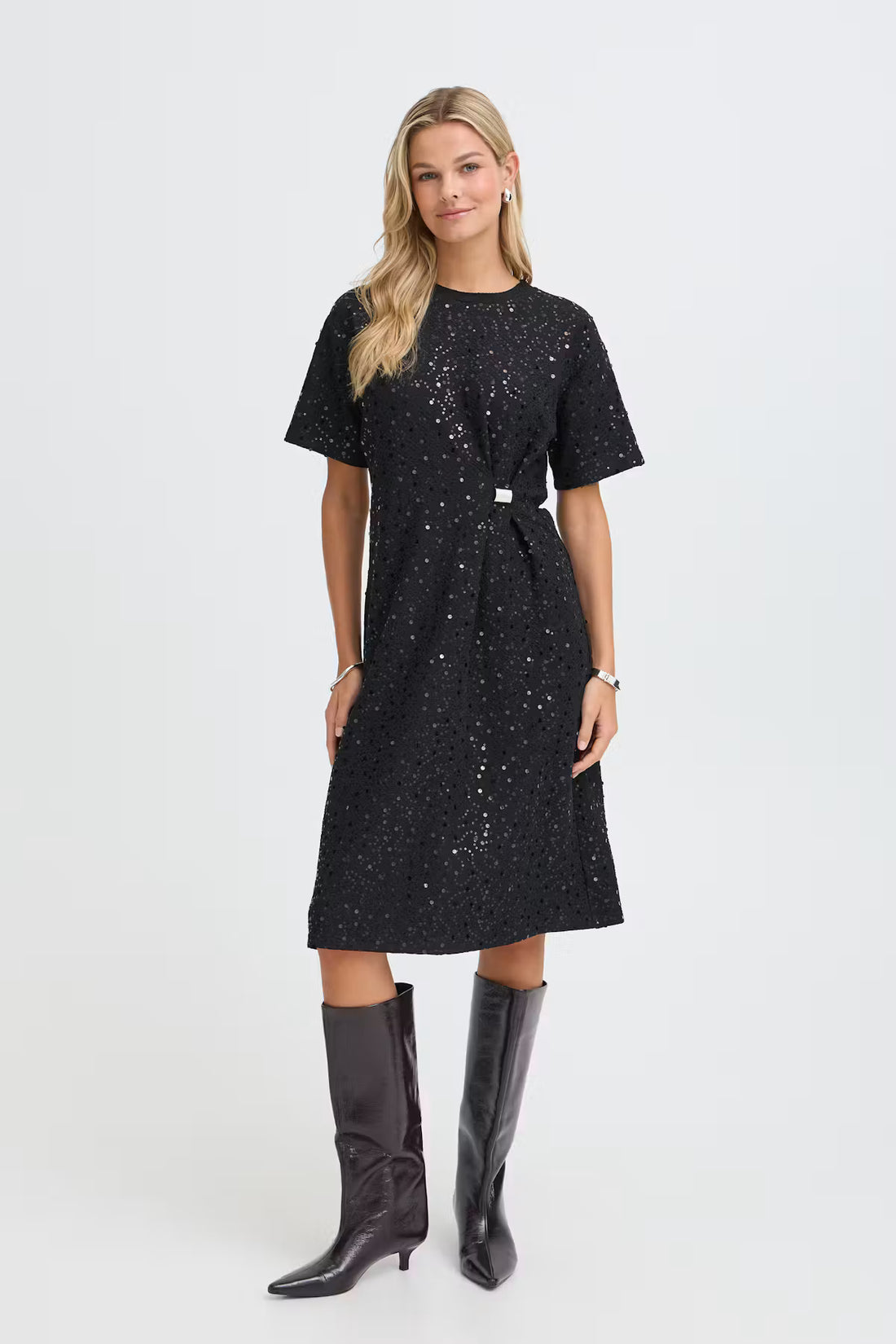 Fransa Zolana Black Sequin Dress with Ruched Detail
