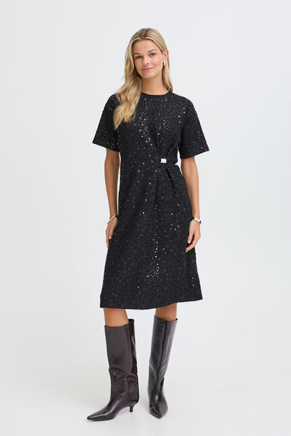 Fransa Zolana Black Sequin Dress with Ruched Detail