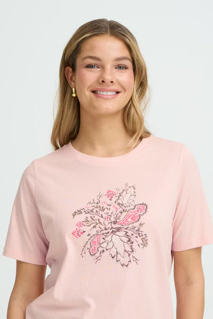Fransa Cotton T shirt with Pink and Taupe Moif 20617656