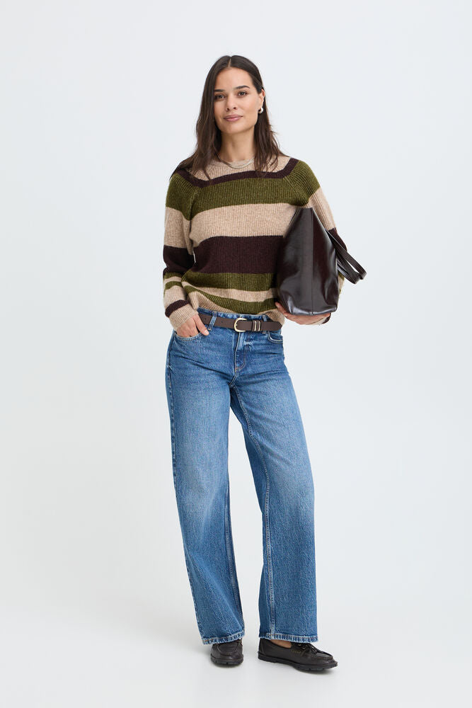 Byoung Round Neck Jumper in Avocado Green or Beige Stripe  20819114