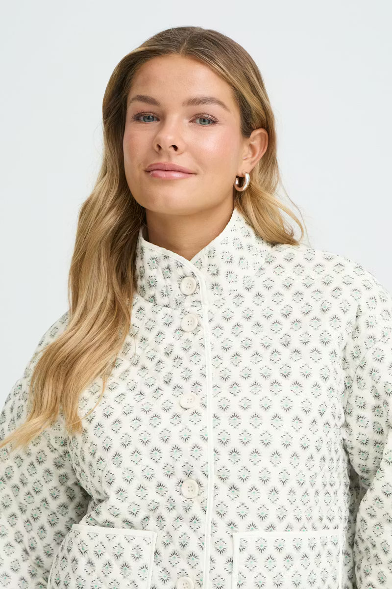 Fransa Claudine Lightly quilteed Jacket in Cream and Sage green Print 20617085 26