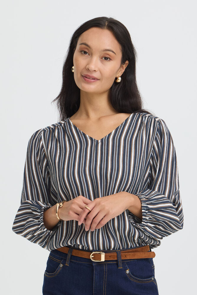 Fransa V Neck Blouse in Navy and Tan Stripe 20618028
