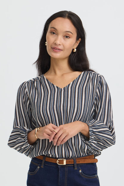Fransa V Neck Blouse in Navy and Tan Stripe 20618028