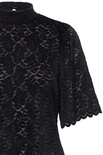 Fransa Black High neck Lace top with short sleeves 20618436