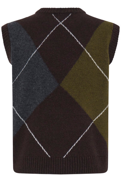Byoung Argyle round neck sleeveless knit in Green and Brown print  20819497