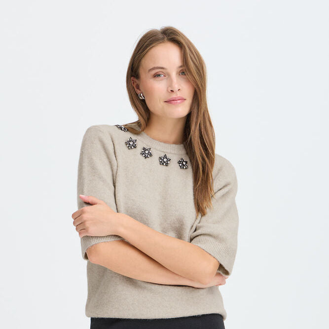 Byoung Short-Sleeve Knit with Jewelled Neckline