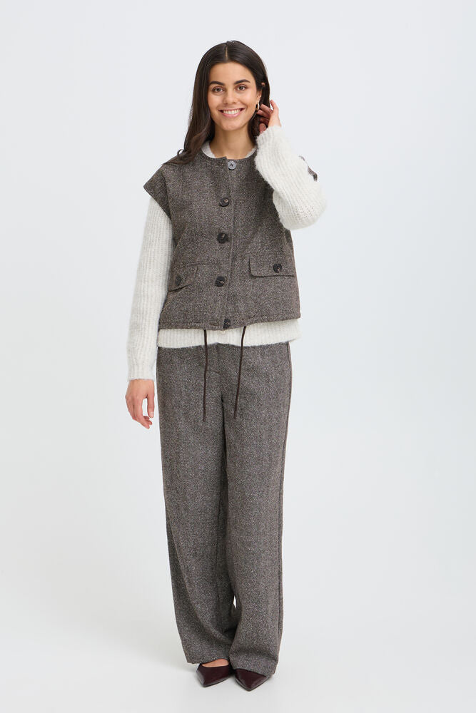 Fransa Wool Blend Wide Leg Trousers in Brown Herringbone fabric 20618247