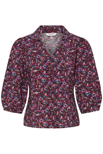Byoung Byinari V Neck Blouse with collar in Java and Pink Print 20819404