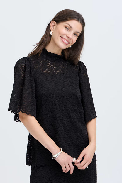 Fransa Black High neck Lace top with short sleeves 20618436