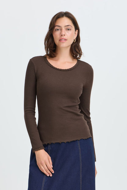 Fransa Ribbed long Sleeve Lace Edge top in Java Brown 20617415