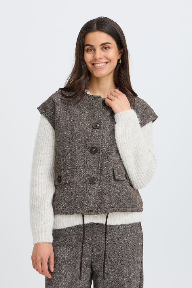 Fransa Wool blend Brown Herringbone Gilet 20618250