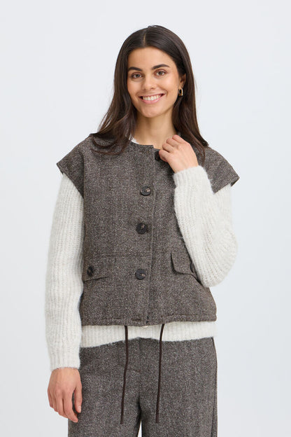 Fransa Wool blend Brown Herringbone Gilet 20618250