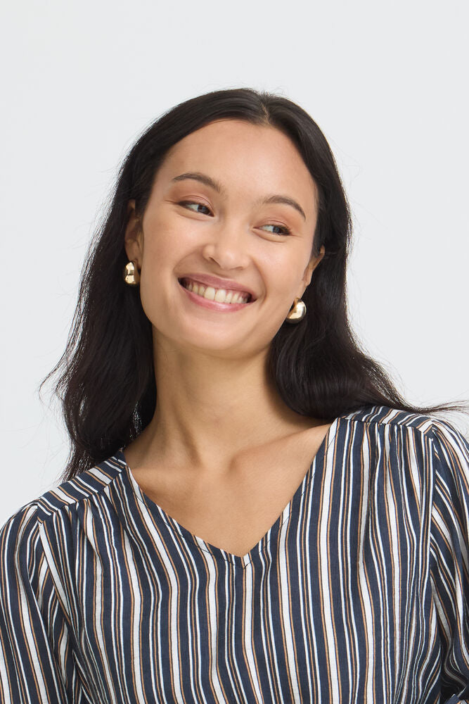 Fransa V Neck Blouse in Navy and Tan Stripe 20618028