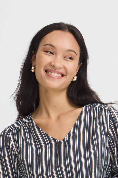 Fransa V Neck Blouse in Navy and Tan Stripe 20618028