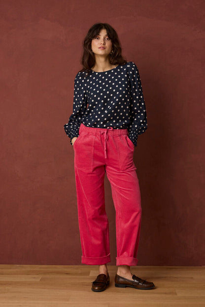 Fransa Round Neck Long Sleeve Top with Shirred Cuffs 20617327 Dot