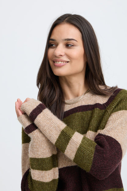 Byoung Round Neck Jumper in Avocado Green or Beige Stripe  20819114