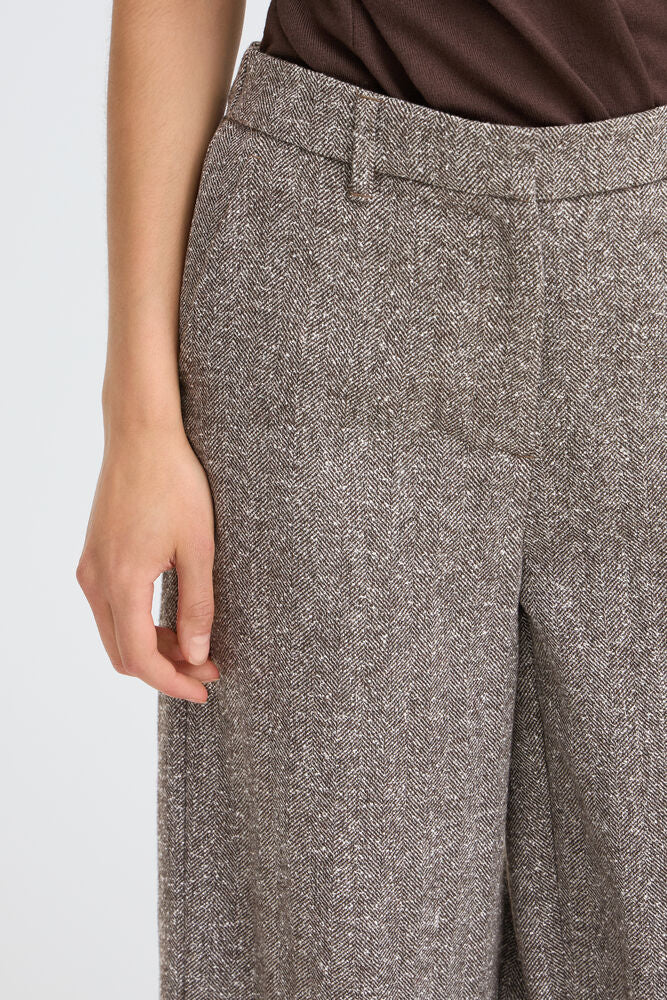 Fransa Wool Blend Wide Leg Trousers in Brown Herringbone fabric 20618247
