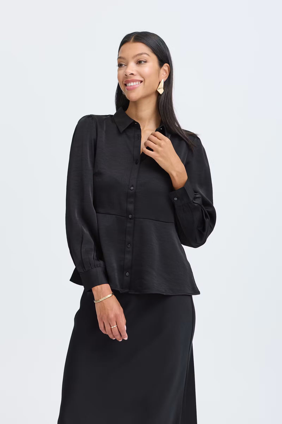 Byoung Satin Peplum Shirt with Long Sleeves
