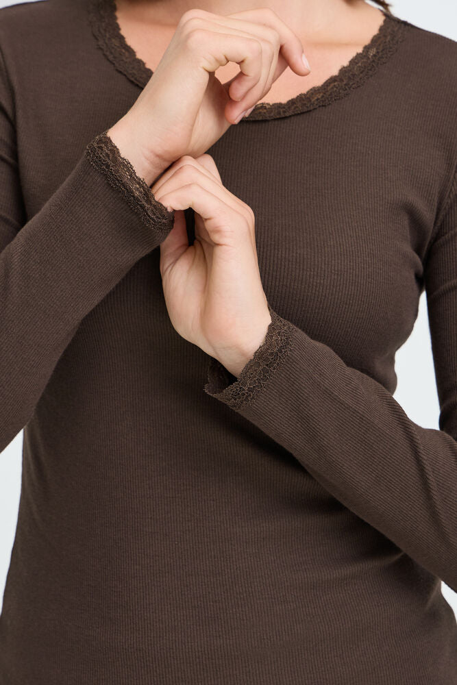 Fransa Ribbed long Sleeve Lace Edge top in Java Brown 20617415