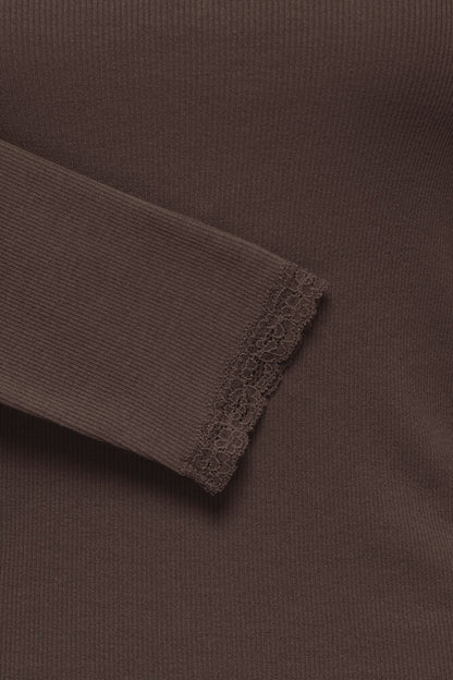 Fransa Ribbed long Sleeve Lace Edge top in Java Brown 20617415