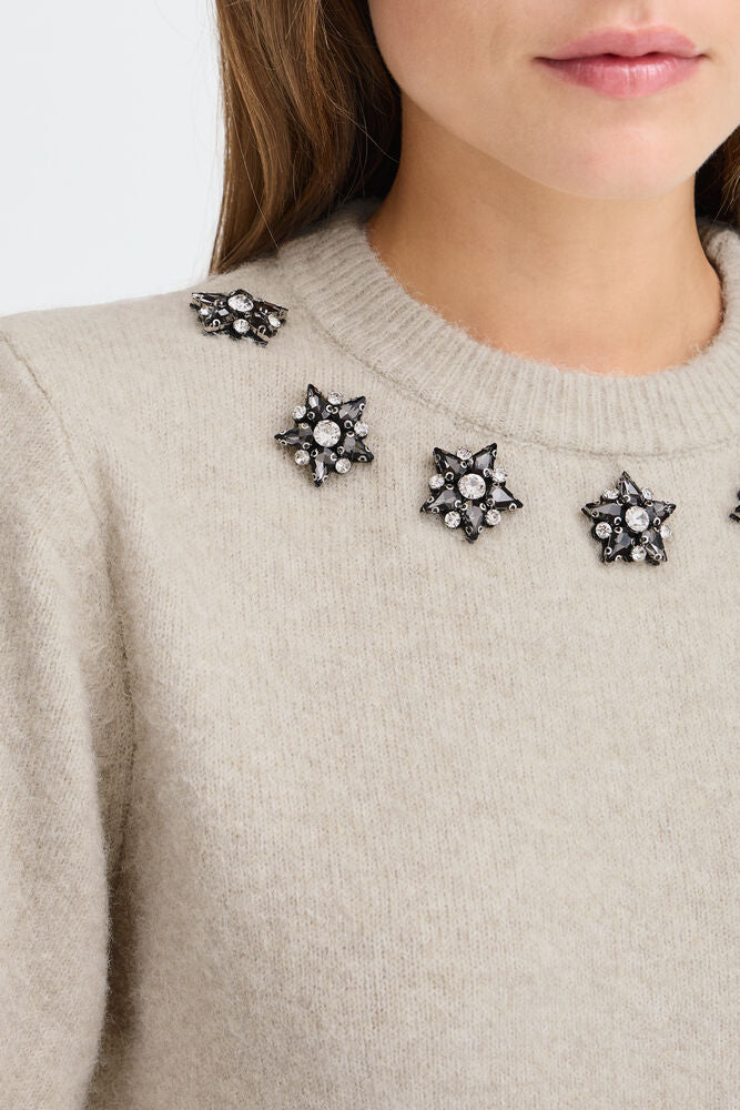 Byoung Short-Sleeve Knit with Jewelled Neckline