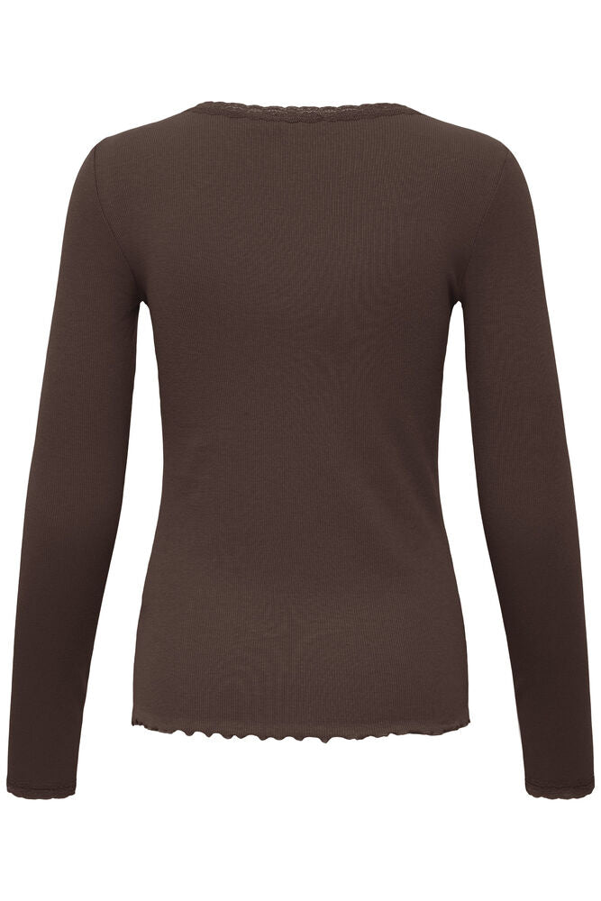 Fransa Ribbed long Sleeve Lace Edge top in Java Brown 20617415