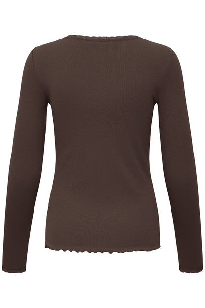 Fransa Ribbed long Sleeve Lace Edge top in Java Brown 20617415