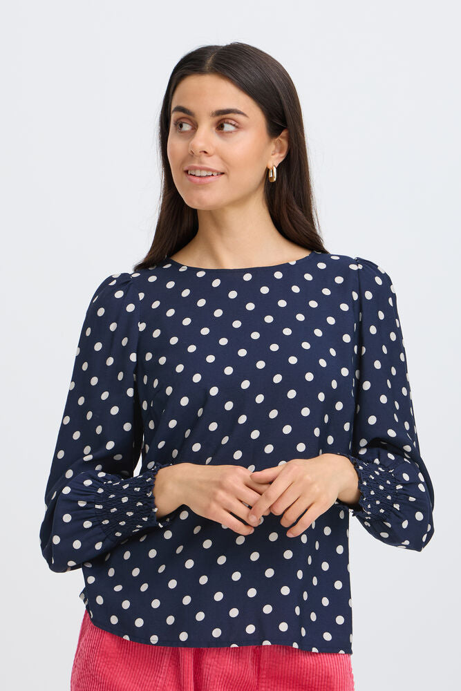 Fransa Round Neck Long Sleeve Top with Shirred Cuffs 20617327 Dot