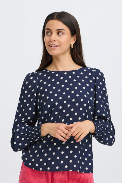 Fransa Round Neck Long Sleeve Top with Shirred Cuffs 20617327 Dot