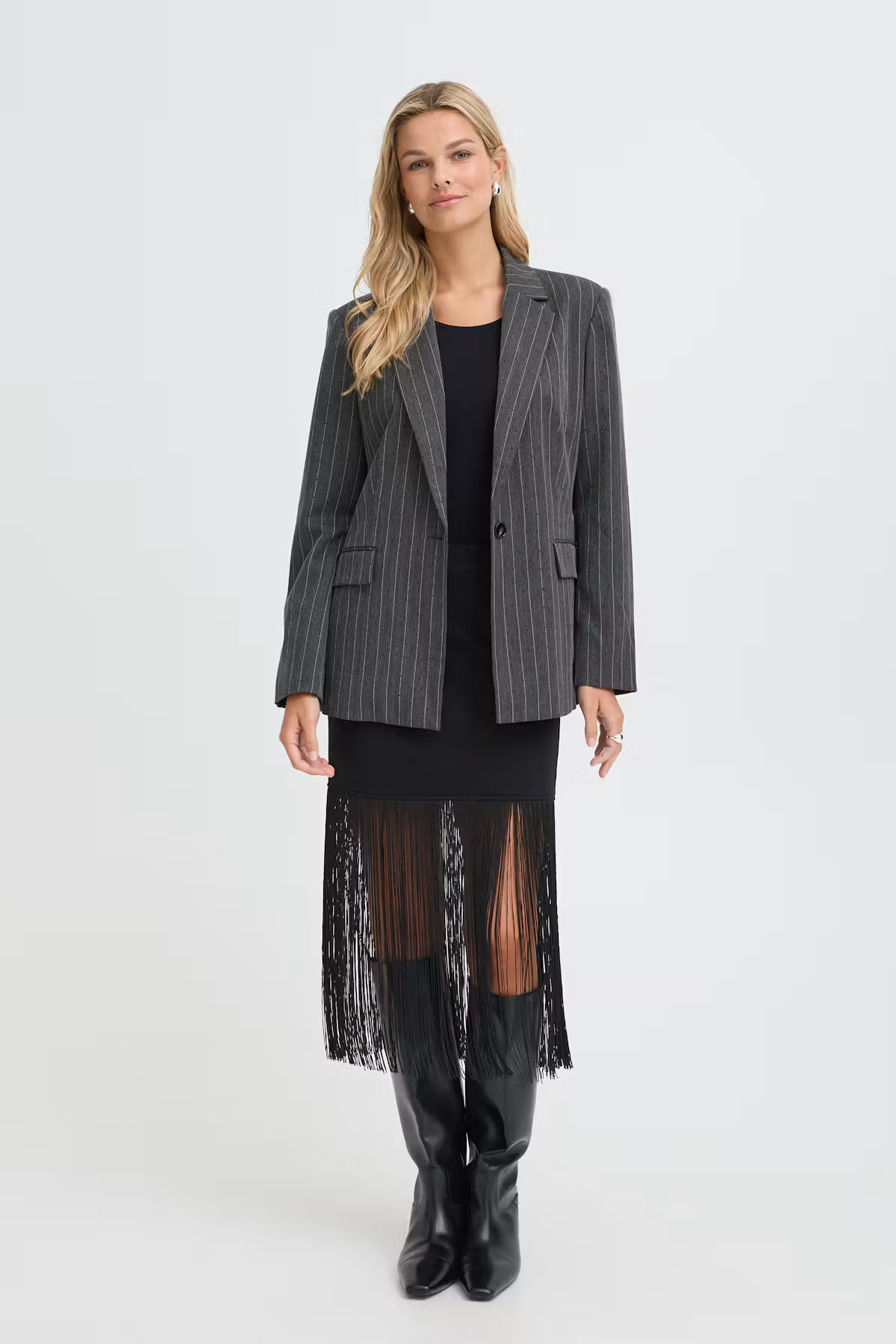 Fransa Stud-Embellished Pinstripe Blazer in Grey