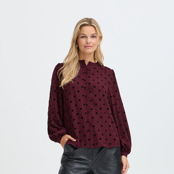 Fransa Long Sleeve Blouse in Port Royale with black Polka Dot  with20618461