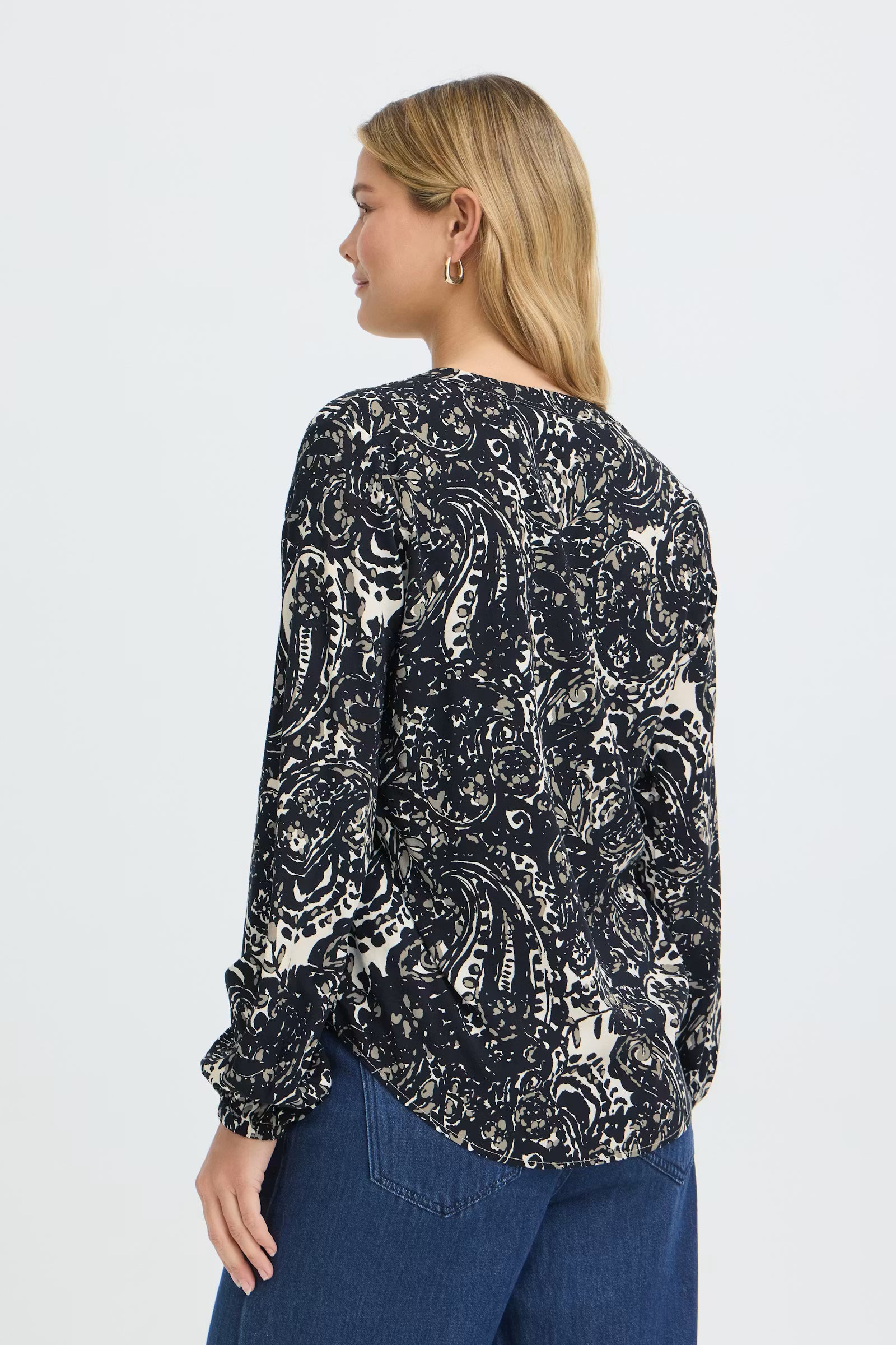 Fransa Split neck long sleeve blouse 20618003