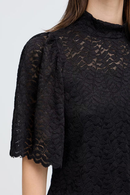 Fransa Black High neck Lace top with short sleeves 20618436