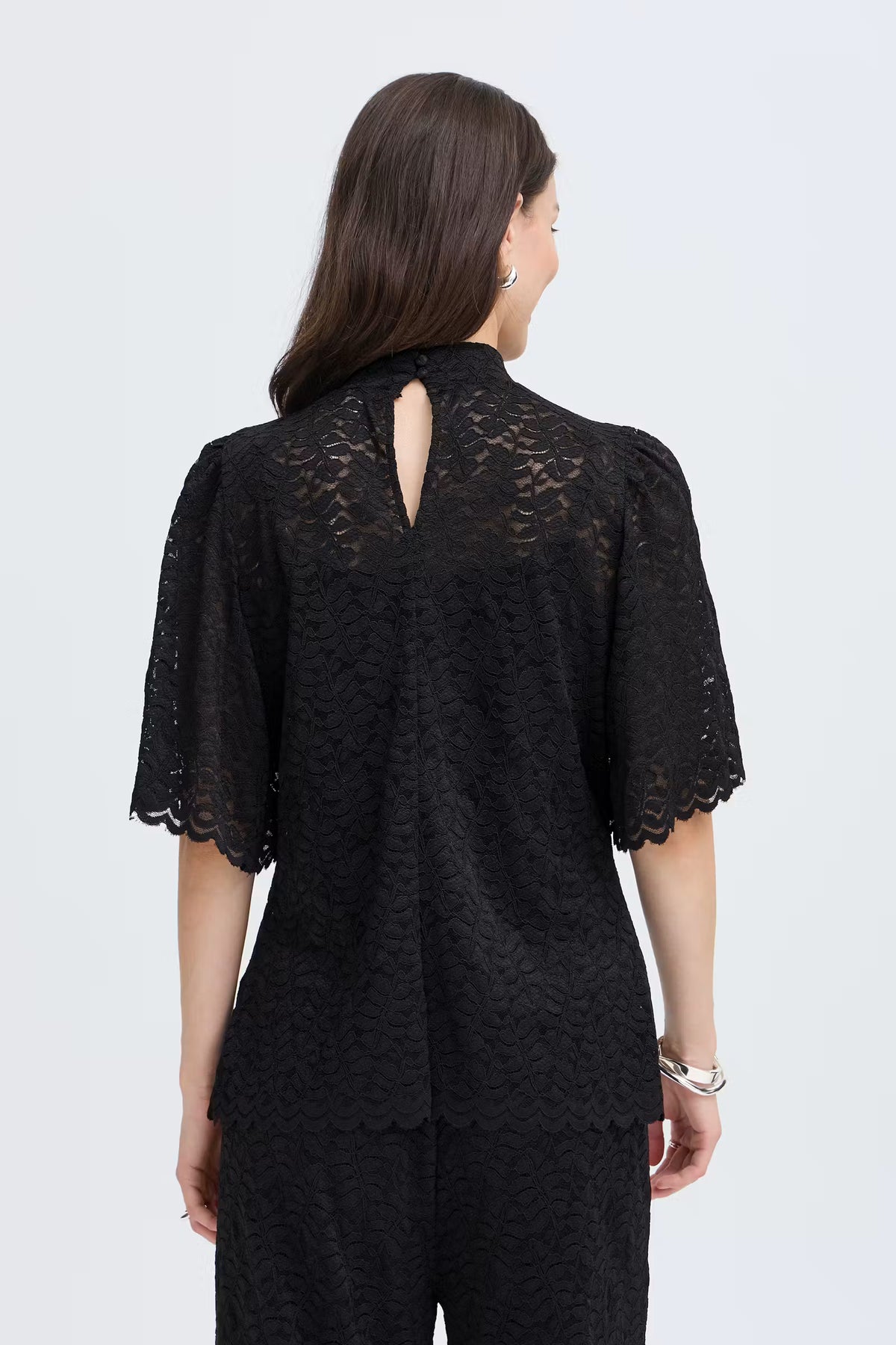 Fransa Black High neck Lace top with short sleeves 20618436