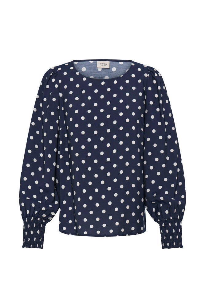 Fransa Round Neck Long Sleeve Top with Shirred Cuffs 20617327 Dot