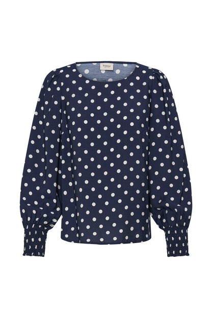 Fransa Round Neck Long Sleeve Top with Shirred Cuffs 20617327 Dot