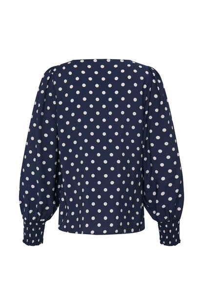 Fransa Round Neck Long Sleeve Top with Shirred Cuffs 20617327 Dot