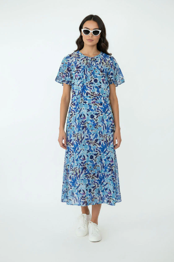 Marc Angelo flutter sleeve blue printed midi dress  Ma81178-D405blu