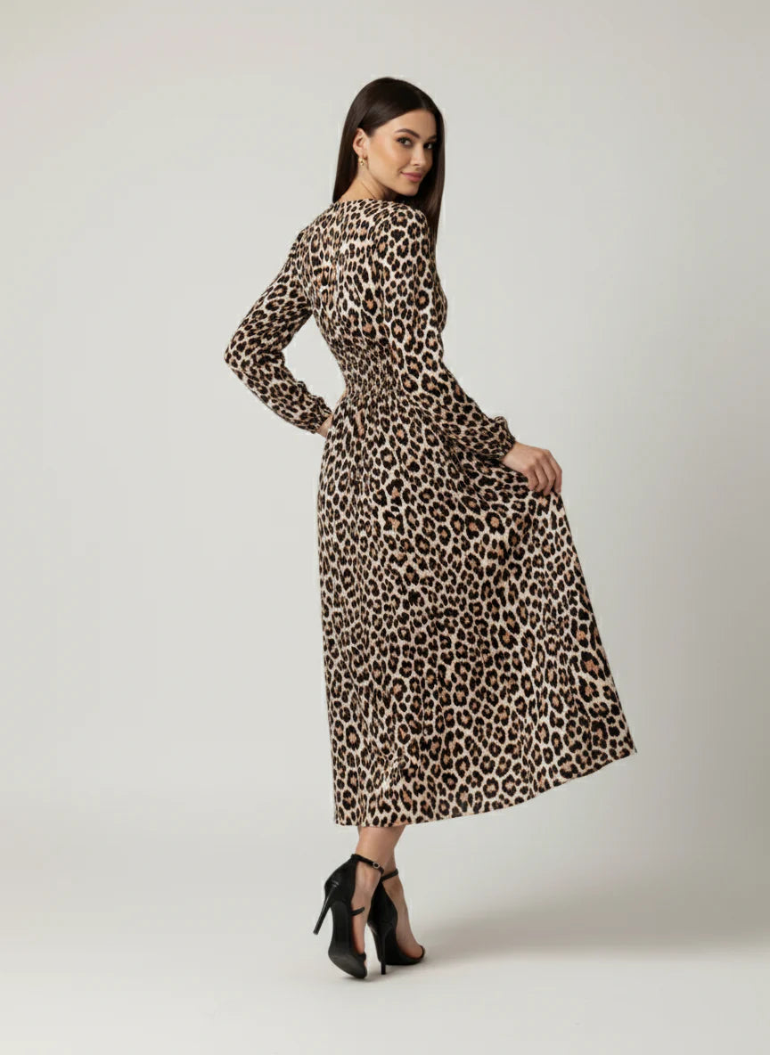 V Neck Jersey Midi Dress in Leopard print