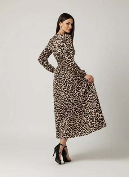 V Neck Jersey Midi Dress in Leopard print